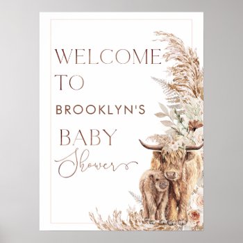Highland Cow Calf Floral Frame Baby Shower Welcome Poster by figtreedesign at Zazzle