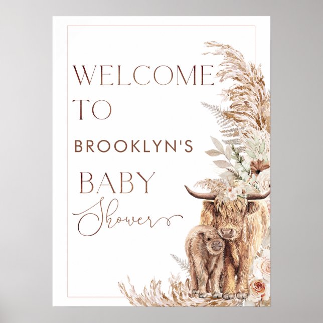 Highland Cow Calf Floral Frame Baby Shower Welcome Poster (Front)