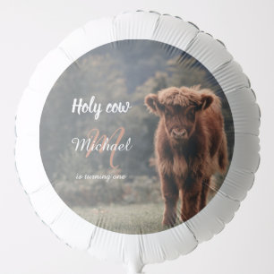 Highland cow calf monogram first birthday party balloon