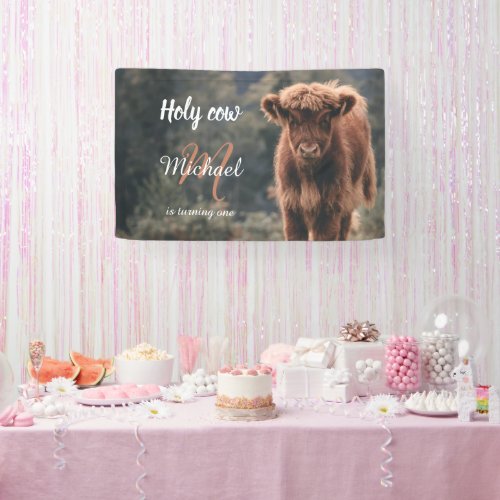 Highland cow calf monogram first birthday party banner