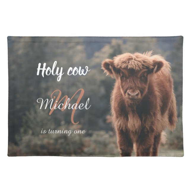Highland cow calf monogram first birthday party cloth placemat (Front)