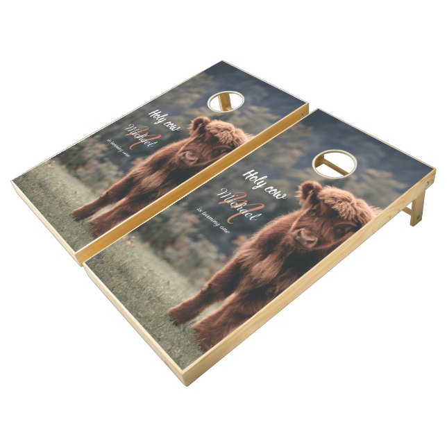 Highland cow calf monogram first birthday party cornhole set (Angled)