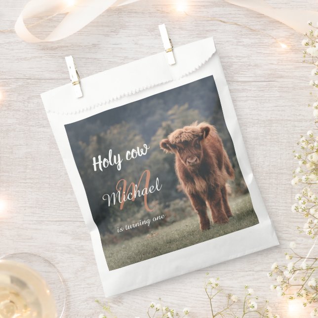 Highland cow calf monogram first birthday party favor bag (Clipped)