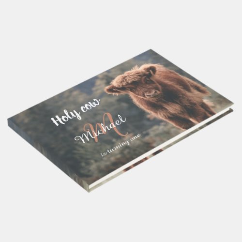 Highland cow calf monogram first birthday party guest book