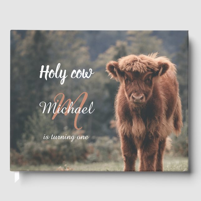 Highland cow calf monogram first birthday party guest book (Front)