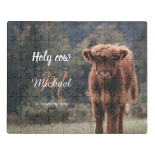 Highland cow calf monogram first birthday party jigsaw puzzle