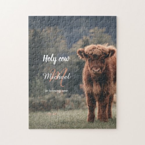 Highland cow calf monogram first birthday party jigsaw puzzle