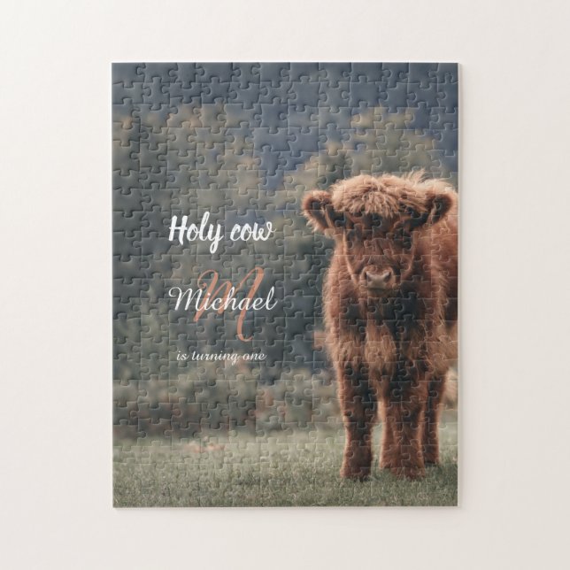 Highland cow calf monogram first birthday party jigsaw puzzle (Vertical)