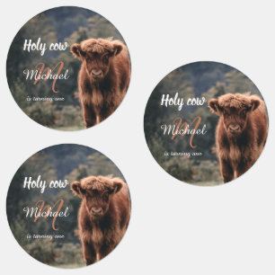Highland cow calf monogram first birthday party labels