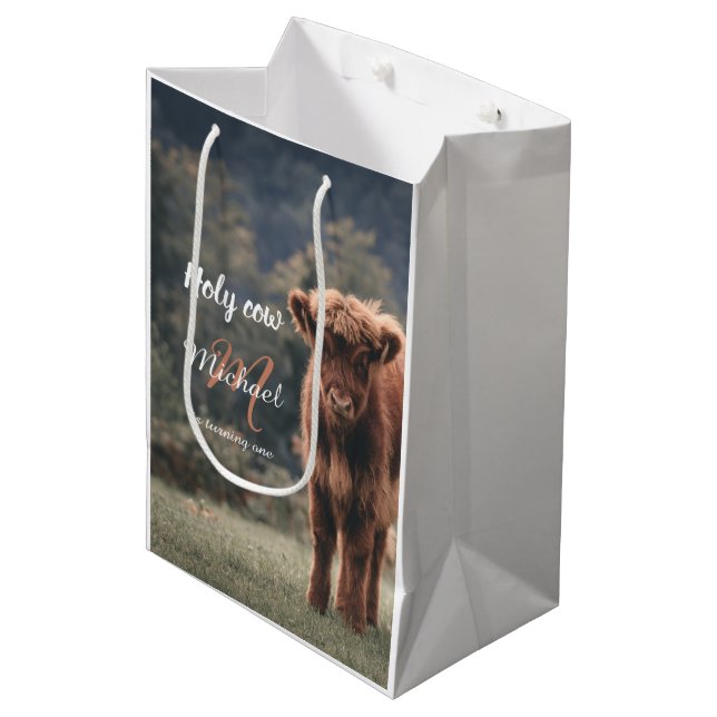Highland cow calf monogram first birthday party medium gift bag (Front Angled)