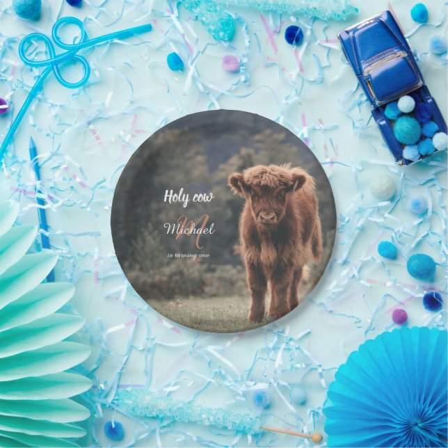 Highland cow calf monogram first birthday party paper plates (Party)