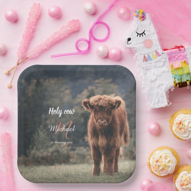Highland cow calf monogram first birthday party paper plates (Party)