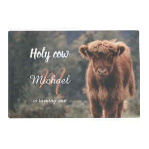 Highland cow calf monogram first birthday party placemat