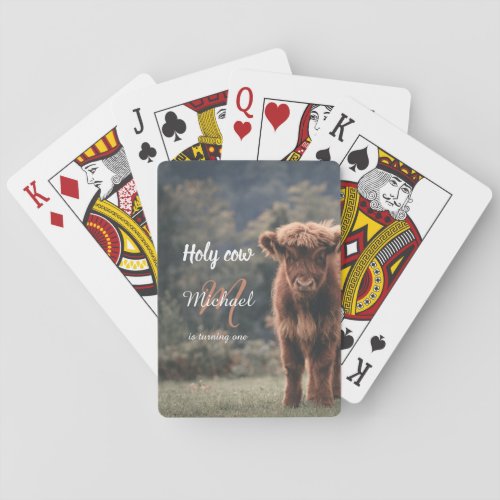 Highland cow calf monogram first birthday party poker cards