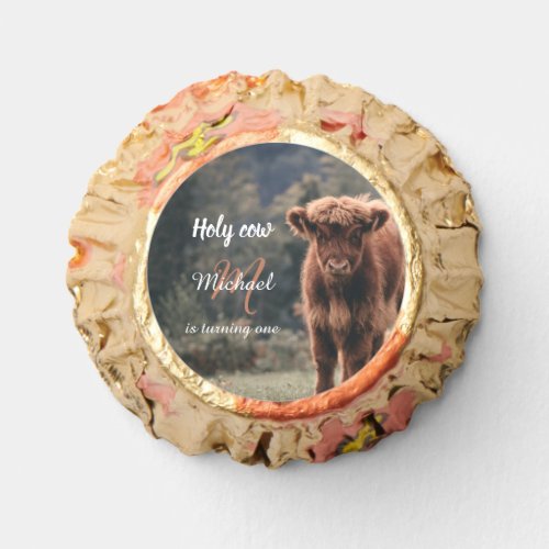 Highland cow calf monogram first birthday party reeses peanut butter cups