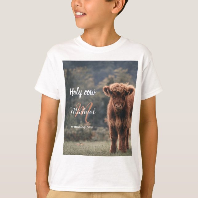 Highland cow calf monogram first birthday party T-Shirt (Front)
