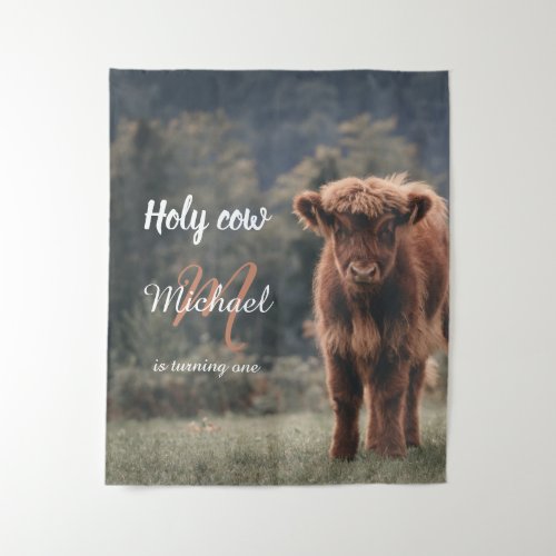 Highland cow calf monogram first birthday party tapestry