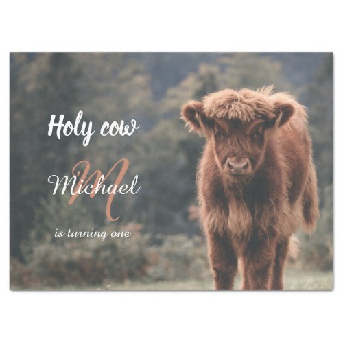 Highland cow calf monogram first birthday party tissue paper