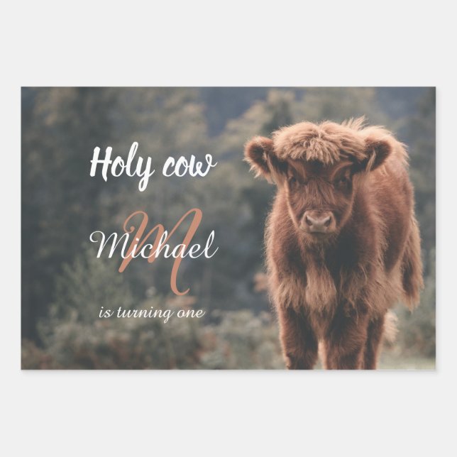 Highland cow calf monogram first birthday party wrapping paper sheets (Front)