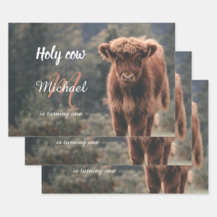 Highland cow calf monogram first birthday party wrapping paper sheets