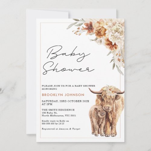 Highland Cow Calf Orange Boho Floral Baby Shower Invitation