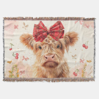 Highland Cow Calf with Bow Cherries Throw Blanket