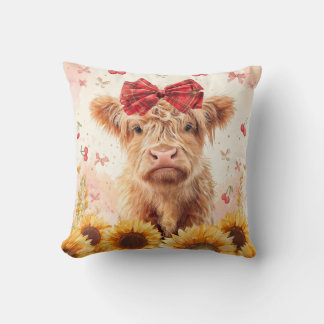 Highland Cow calf with Sunflower bow Throw Pillow