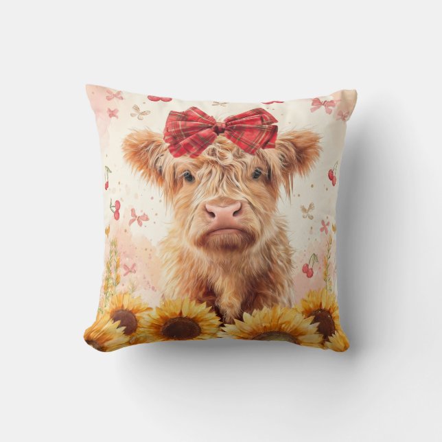 Highland Cow calf with Sunflower bow Throw Pillow (Front)