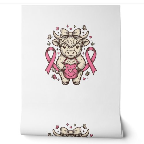 Highland Cow Cancer Awareness Ribbon Cute Calf Des Wallpaper