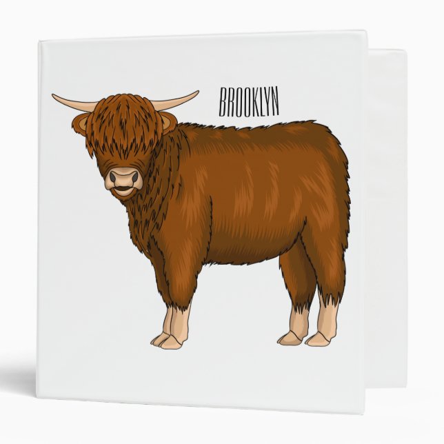 Highland cow cartoon illustration 3 ring binder (Front/Inside)