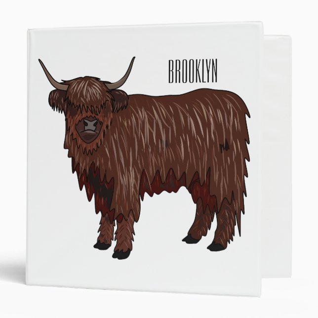 Highland cow cartoon illustration  3 ring binder (Front/Inside)