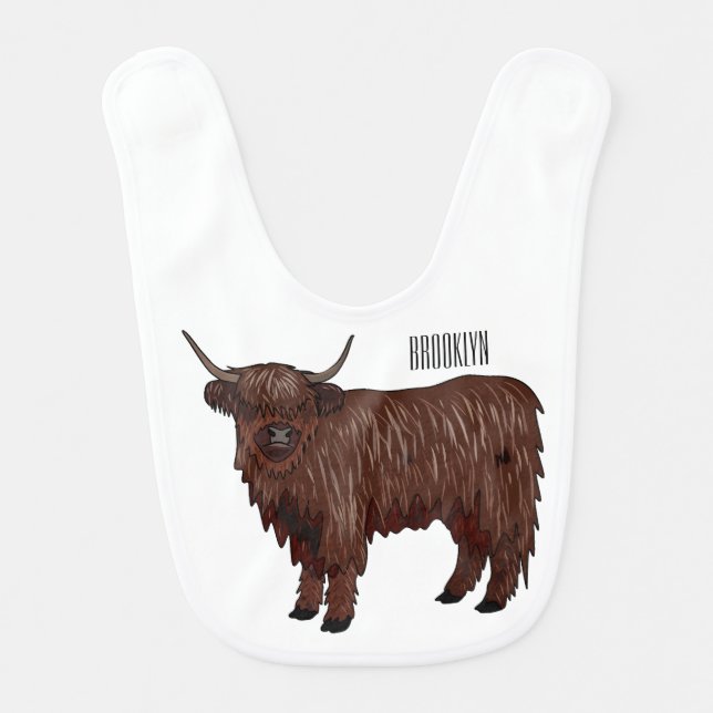 Highland cow cartoon illustration  baby bib (Front)