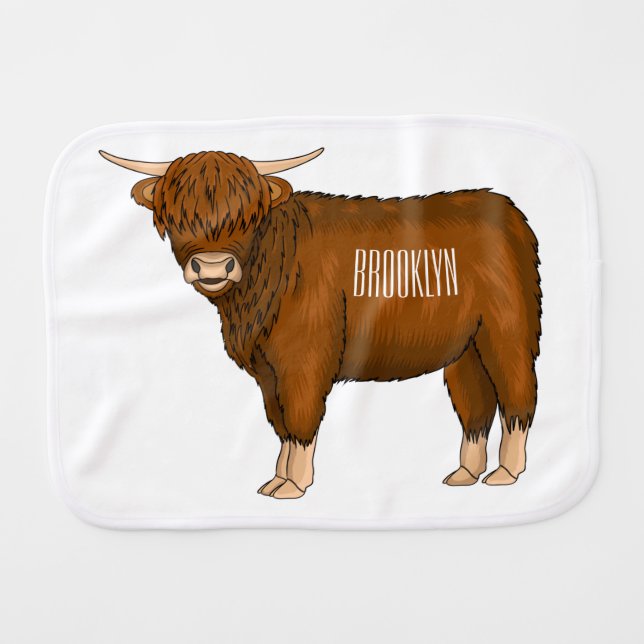 Highland cow cartoon illustration baby burp cloth (Front Horizontal)