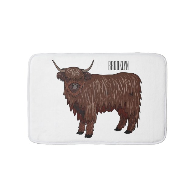 Highland cow cartoon illustration  bath mat (Front)