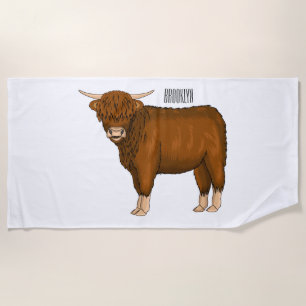 Highland cow cartoon illustration beach towel