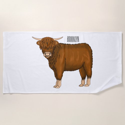 Highland cow cartoon illustration beach towel