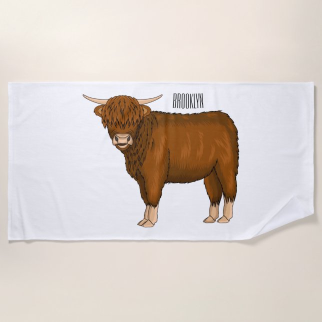 Highland cow cartoon illustration beach towel (Front)