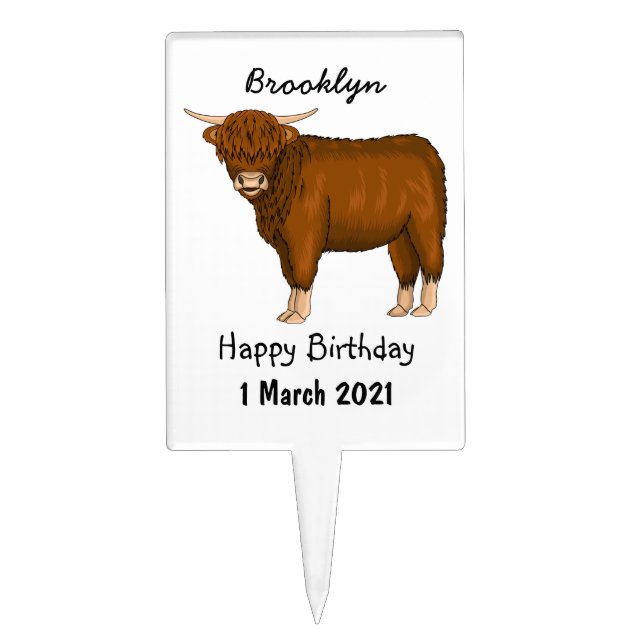 Highland cow cartoon illustration cake topper (Front)