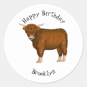 Highland cow cartoon illustration classic round sticker