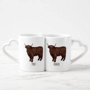 Highland cow cartoon illustration coffee mug set