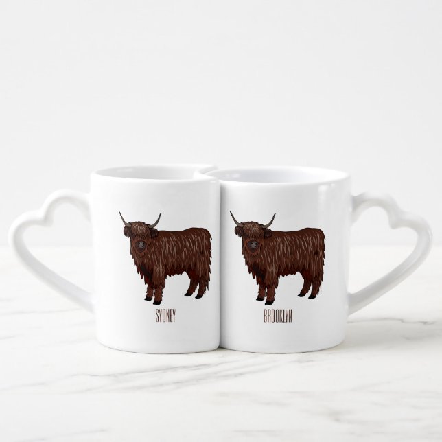 Highland cow cartoon illustration  coffee mug set (Back Nesting)