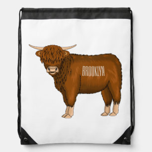 Highland cow cartoon illustration drawstring bag