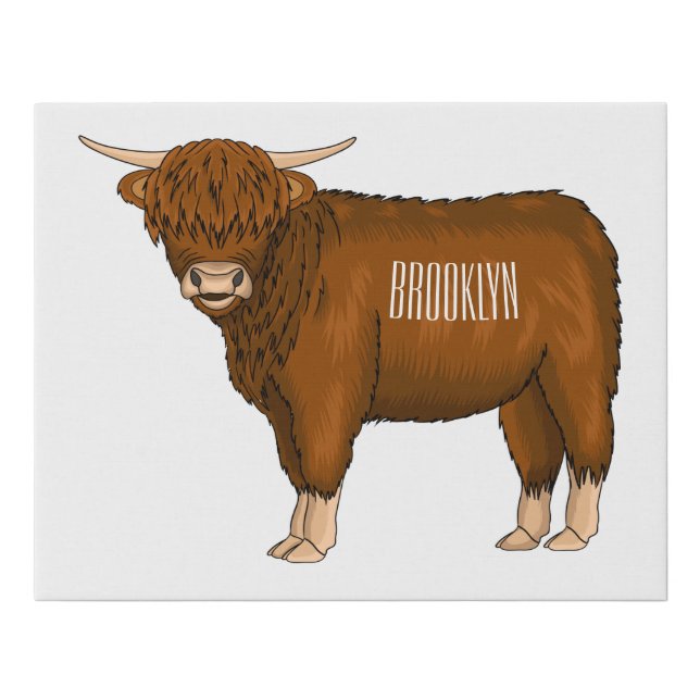 Highland cow cartoon illustration faux canvas print (Front)