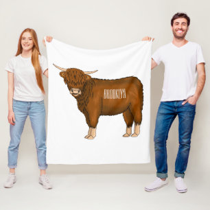 Highland cow cartoon illustration fleece blanket