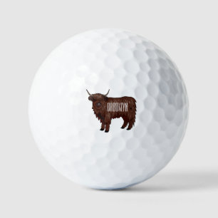 Highland cow cartoon illustration golf balls