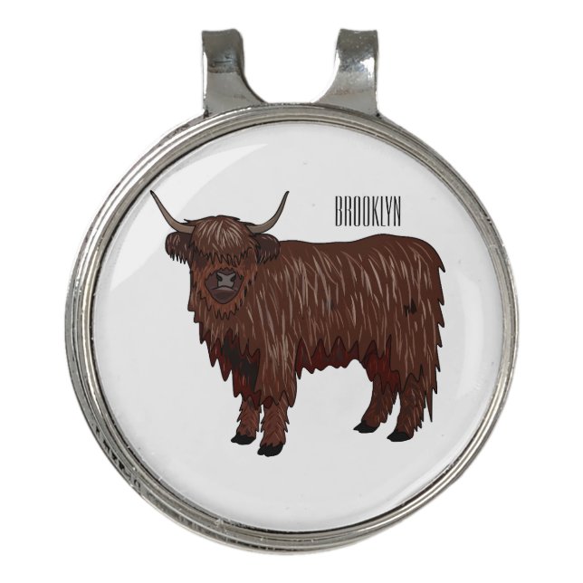 Highland cow cartoon illustration  golf hat clip (Front)