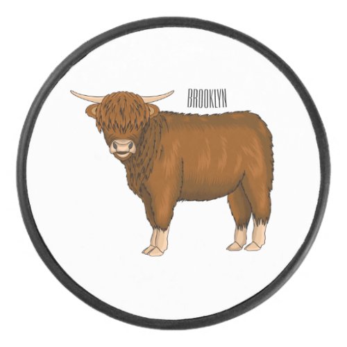 Highland cow cartoon illustration  hockey puck