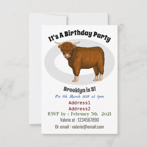 Highland cow cartoon illustration invitation