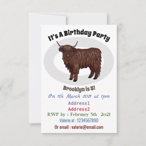 Highland cow cartoon illustration invitation