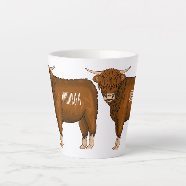 Highland cow cartoon illustration  latte mug (Front)